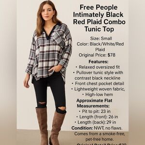 Free People Intimately Black Red Plaid Combo Tunic Top
